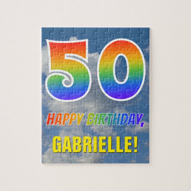 Rainbow Look "50" & "HAPPY BIRTHDAY", Cloudy Sky Jigsaw Puzzle (Vertical)