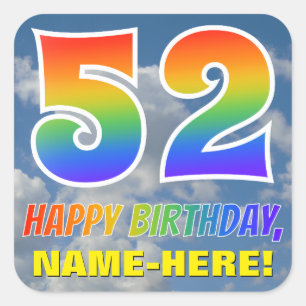 Rainbow Look "52" & "HAPPY BIRTHDAY", Clouds, Sky Square Sticker