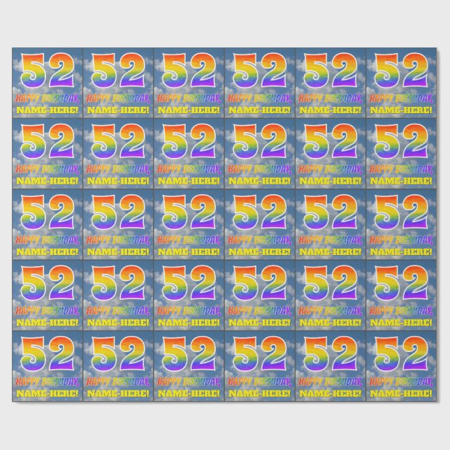 Rainbow Look "52" & "HAPPY BIRTHDAY", Clouds, Sky Wrapping Paper (Flat)