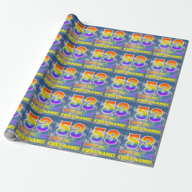 Rainbow Look "53" & "HAPPY BIRTHDAY", Clouds, Sky Wrapping Paper (Unrolled)