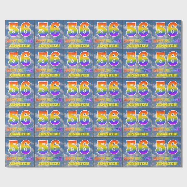Rainbow Look "56" & "HAPPY BIRTHDAY", Clouds, Sky Wrapping Paper (Flat)