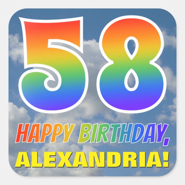 Rainbow Look "58" & "HAPPY BIRTHDAY", Clouds, Sky Square Sticker (Front)