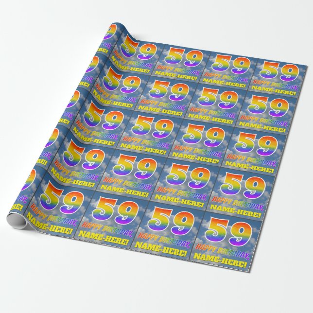 Rainbow Look "59" & "HAPPY BIRTHDAY", Clouds, Sky Wrapping Paper (Unrolled)