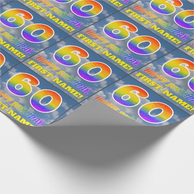 Rainbow Look "60" & "HAPPY BIRTHDAY", Clouds, Sky Wrapping Paper (Corner)