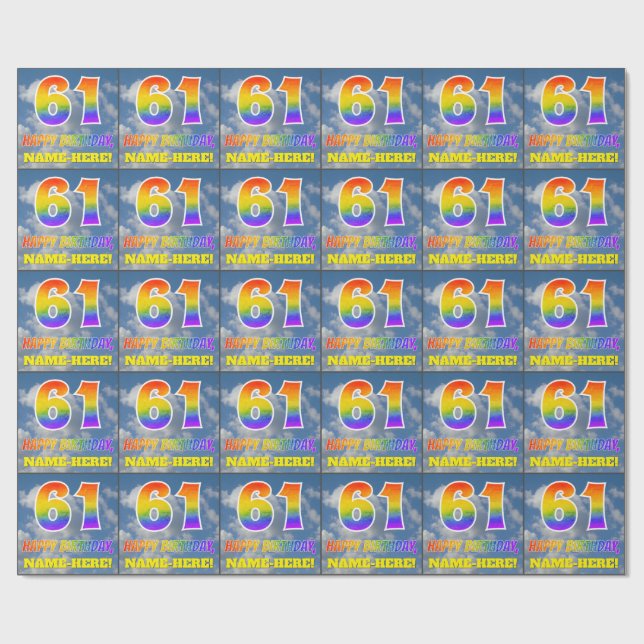 Rainbow Look "61" & "HAPPY BIRTHDAY", Clouds, Sky Wrapping Paper (Flat)