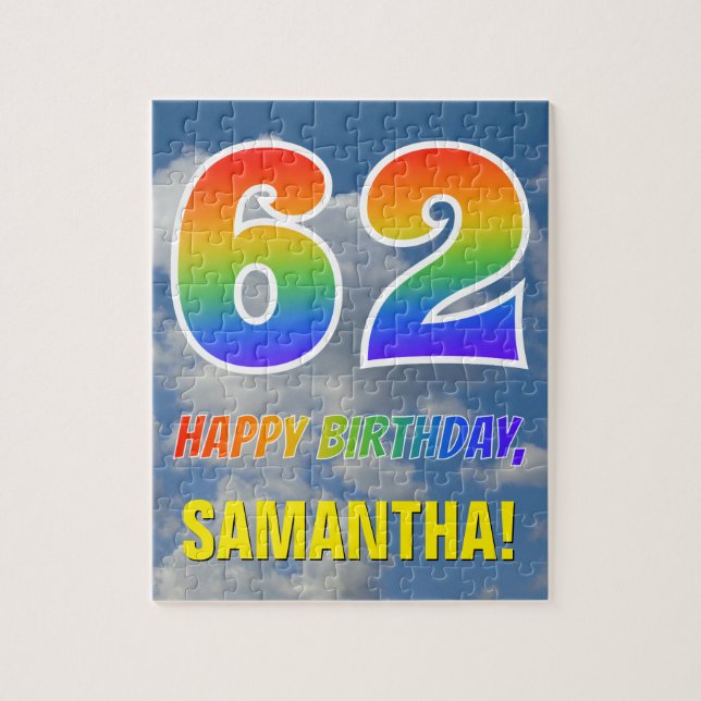 Rainbow Look "62" & "HAPPY BIRTHDAY", Cloudy Sky Jigsaw Puzzle (Vertical)