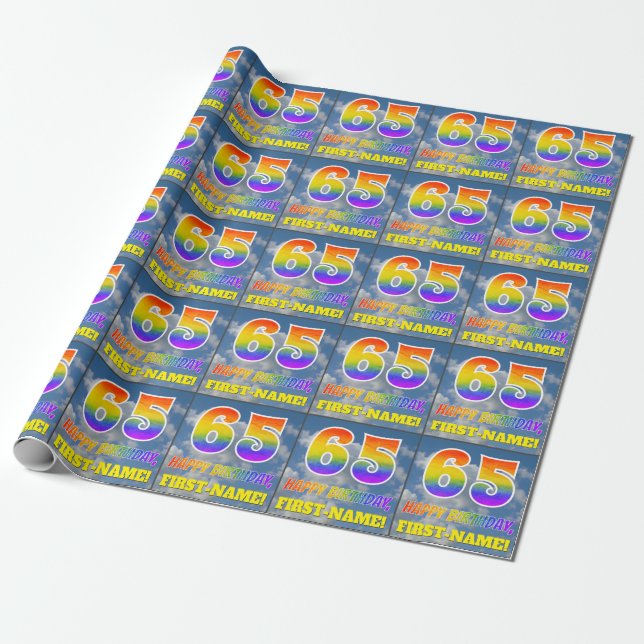 Rainbow Look "65" & "HAPPY BIRTHDAY", Clouds, Sky Wrapping Paper (Unrolled)