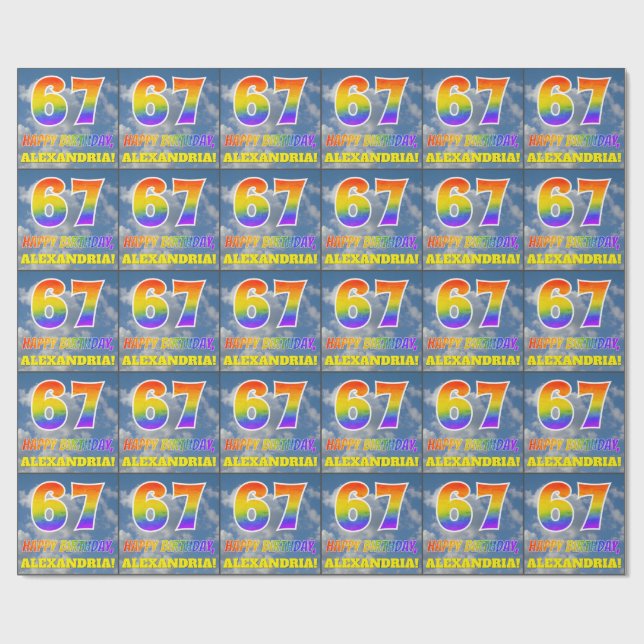 Rainbow Look "67" & "HAPPY BIRTHDAY", Clouds, Sky Wrapping Paper (Flat)