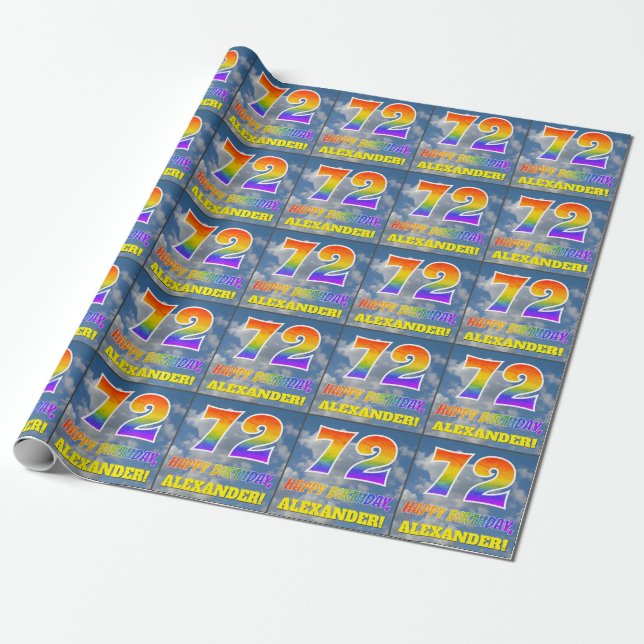 Rainbow Look "72" & "HAPPY BIRTHDAY", Clouds, Sky Wrapping Paper (Unrolled)