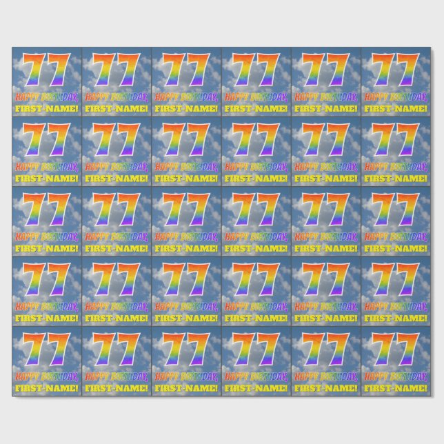 Rainbow Look "77" & "HAPPY BIRTHDAY", Clouds, Sky Wrapping Paper (Flat)