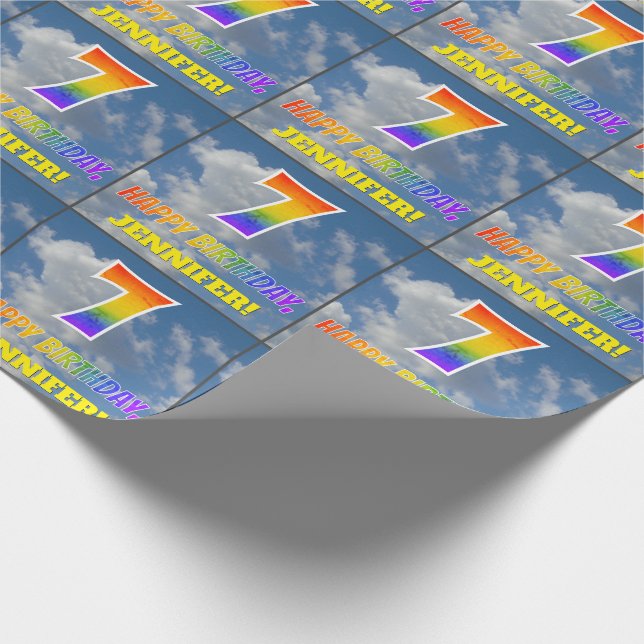 Rainbow Look "7" & "HAPPY BIRTHDAY", Clouds, Sky Wrapping Paper (Corner)