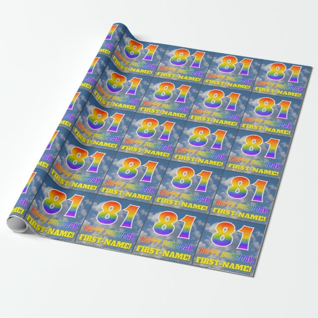 Rainbow Look "81" & "HAPPY BIRTHDAY", Clouds, Sky Wrapping Paper (Unrolled)