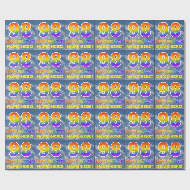 Rainbow Look "98" & "HAPPY BIRTHDAY", Clouds, Sky Wrapping Paper (Flat)