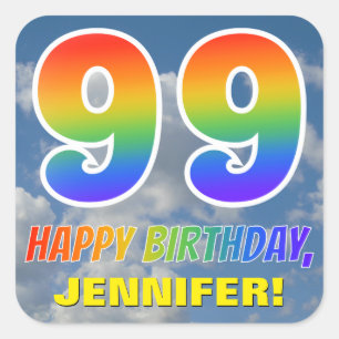 Rainbow Look "99" & "HAPPY BIRTHDAY", Clouds, Sky Square Sticker