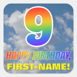 Rainbow Look "9" & "HAPPY BIRTHDAY", Clouds, Sky Square Sticker