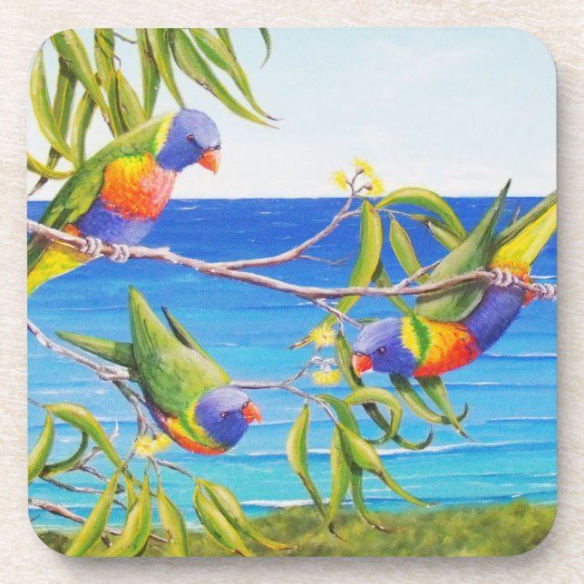 Rainbow Lorikeet Beachy Blue Australian Painting  Beverage Coaster (Front)