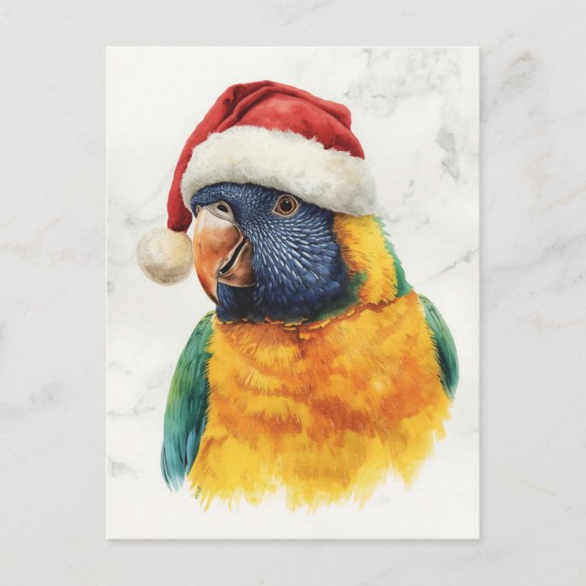 Rainbow Lorikeet in Santa Hat Watercolor Holiday Postcard (Front)