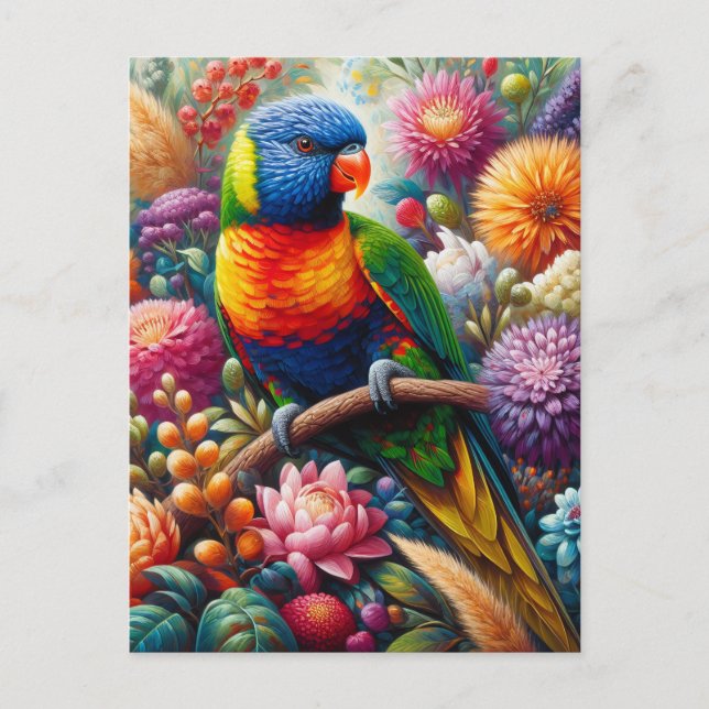 Rainbow Lorikeet Parrot with Colorful Flowers Postcard (Front)