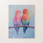Rainbow Love Birds Jigsaw Puzzle<br><div class="desc">This colorful painting features two lovebirds perched together in a vibrant display of rainbow hues, symbolizing love and harmony. The bright and playful colors create a joyful, whimsical atmosphere, perfect for cheerful and nature-inspired decor.</div>