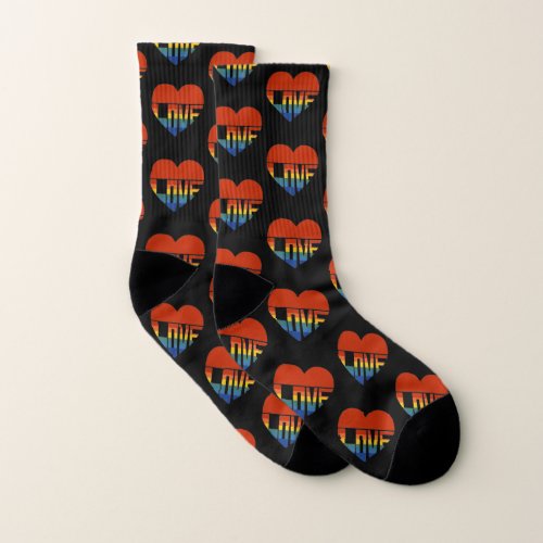 Rainbow Love Heart Black Socks