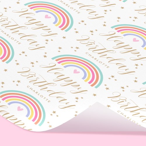 Rainbow Love Heart Happy Birthday Custom Name Wrapping Paper