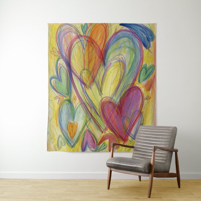Rainbow Love Hearts Art Tapestry Wall Hanging (In Situ)
