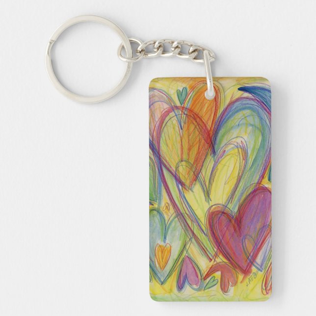 Rainbow Love Hearts Word Art Custom Keychain (Front)