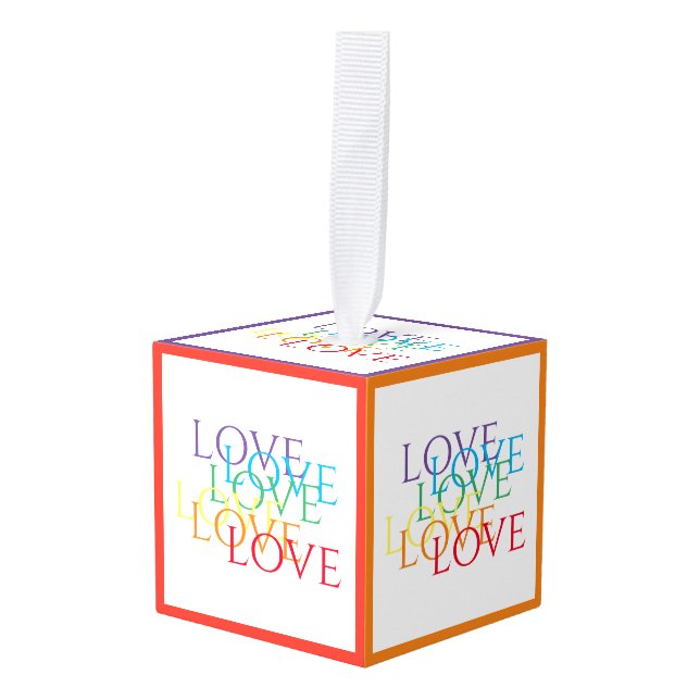 RAINBOW LOVE Wooden Cube Ornament  (Front Angled)