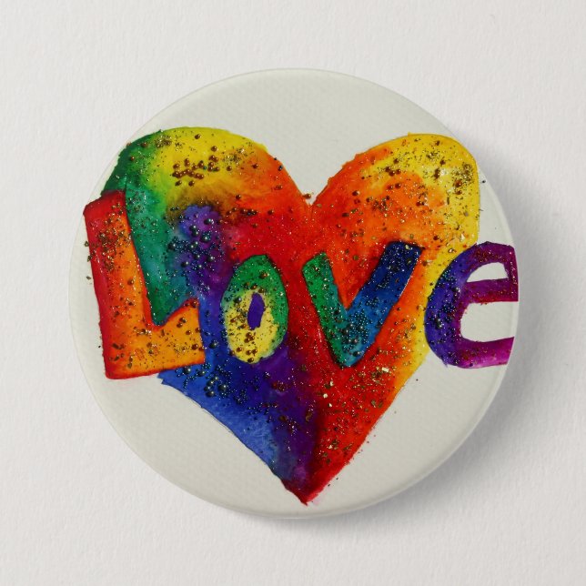 Rainbow Love Word Art Painting Button or Pin (Front)