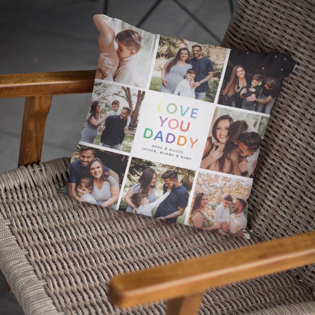 Rainbow 'LOVE YOU DADDY' Photo Collage Keepsake Throw Pillow (Cute Keepsake LOVE YOU DADDY Photo Collage Pillow)