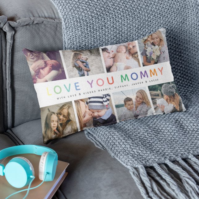 Rainbow 'LOVE YOU MOMMY' Photo Collage Keepsake Lumbar Pillow (Creator Uploaded)