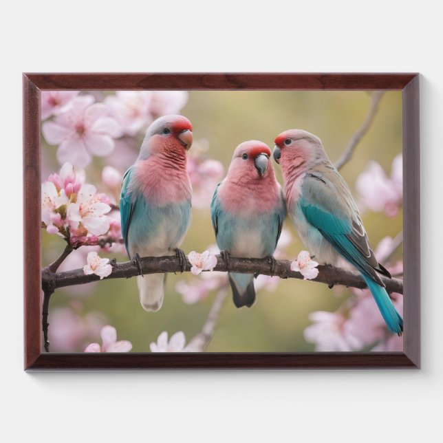 Rainbow Lovebirds On Pink Blossoms, Award Plaque (Horizontal)