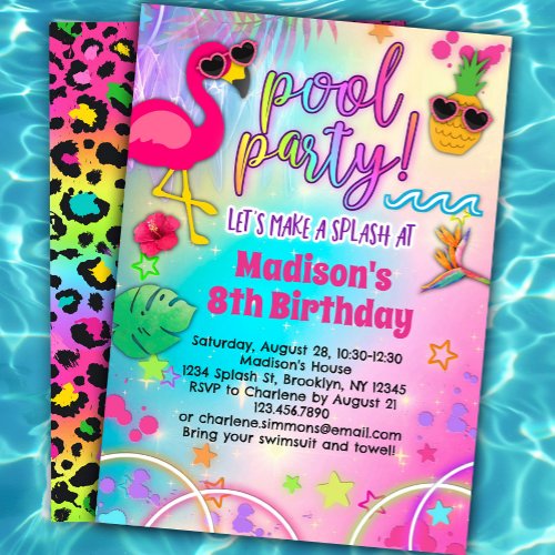 Rainbow Luau Pool Party Birthday Invitation