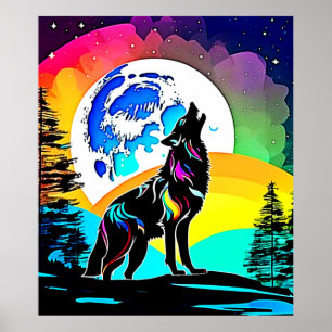 Rainbow Lunar Wolf Howl Art Poster
