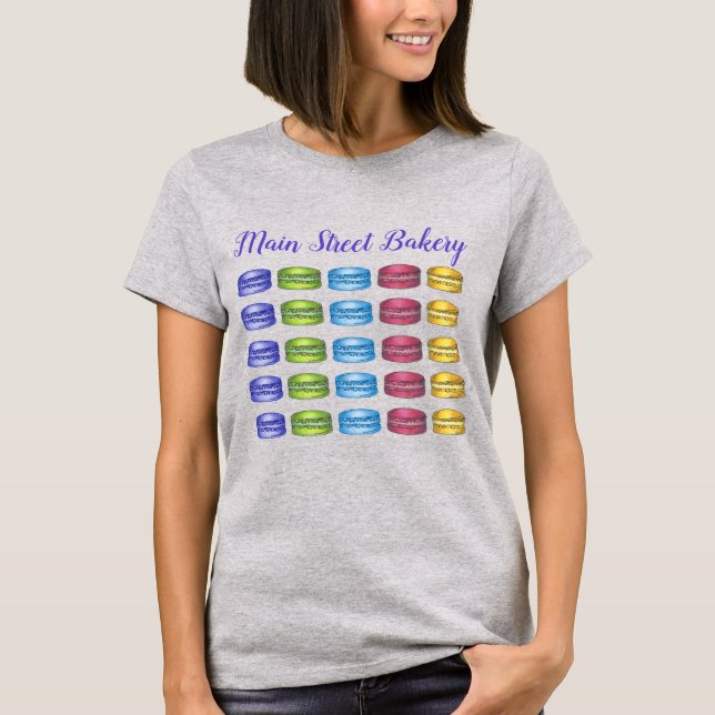 Rainbow Macaron Cookies French Pastry Bakery Food T-Shirt (Front)