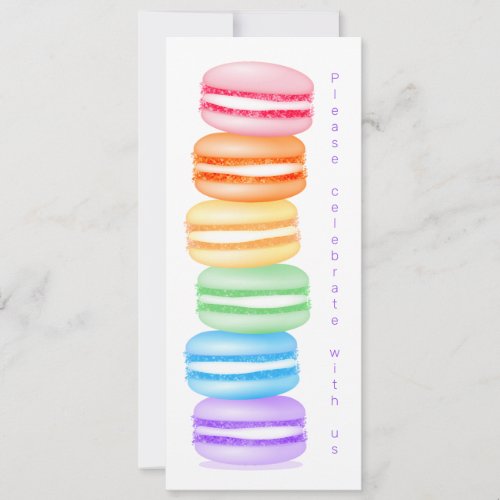 Rainbow macarons girls birthday celebration announcement