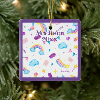 Rainbow Magical Purple Personalize Name Year Girly Ceramic Ornament
