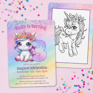 Rainbow magical Unicorn 3rd birthday Invitation