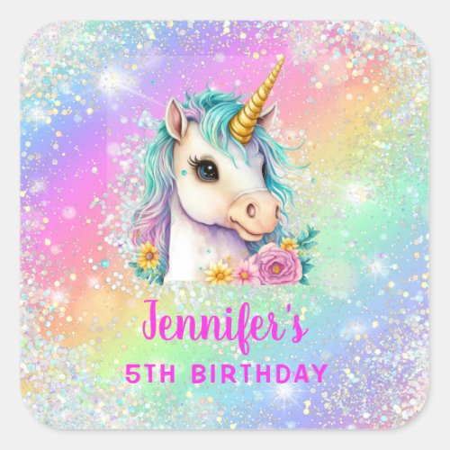 Rainbow Magical Unicorn Sparkle Birthday Square Sticker