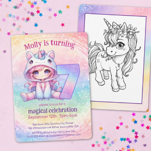 Rainbow Magical Unicorn Whimsical 7th Birthday Invitation