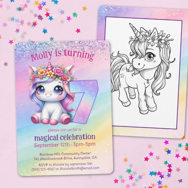 Rainbow magical Unicorn whimsicle 7th birthday Invitation (Creator Uploaded)