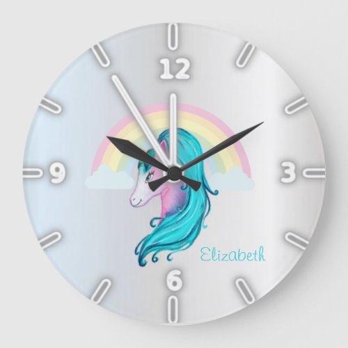 Rainbow Magical Watercolor Unicorn  Silver Large Clock