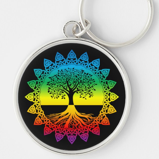 Rainbow Mandala Celtic Tree of Life on Black Keychain (Front)
