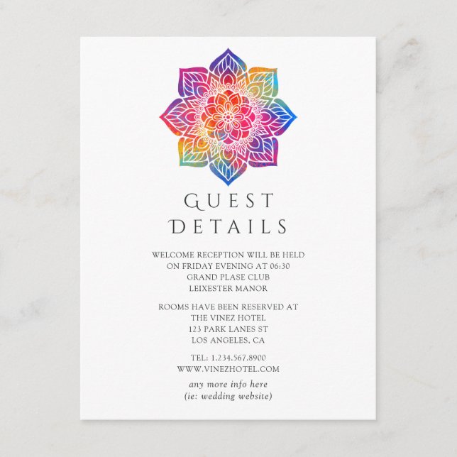 Rainbow Mandala Indian Wedding Guest Details Enclosure Card (Front)