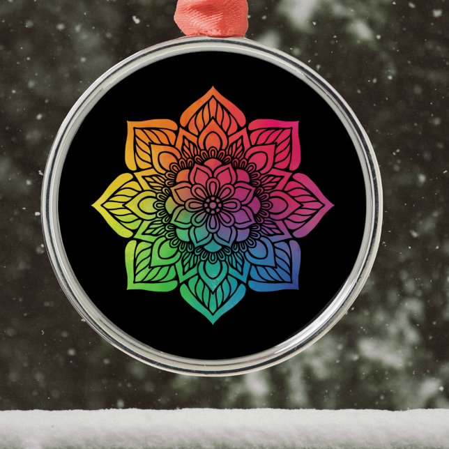 Rainbow Mandala on Black Metal Ornament (Creator Uploaded)