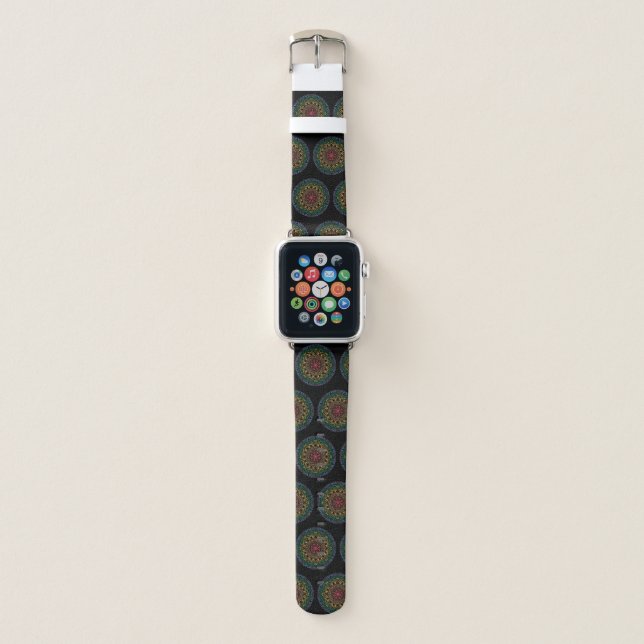 Rainbow mandala pattern on black background apple watch band (Front)