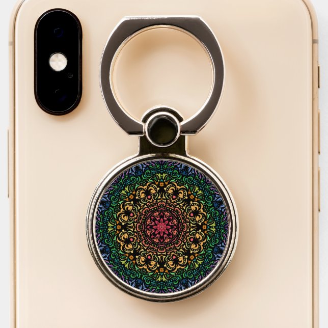 Rainbow mandala phone ring stand (Close Up)