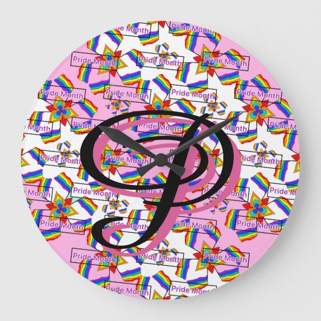 Rainbow Mandala Pride Monogram - Vibrant Geometric Large Clock (Front)