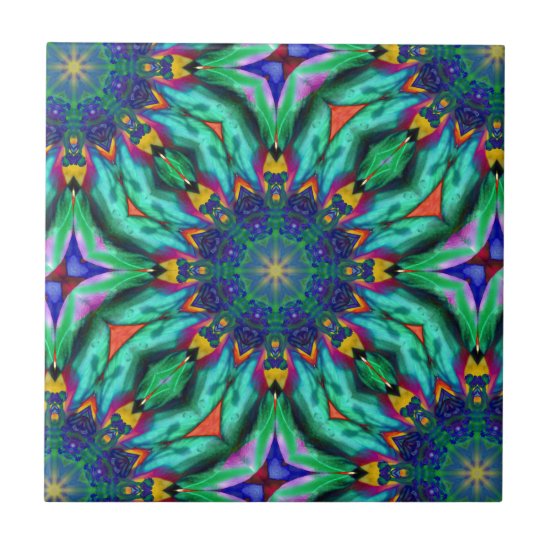 Rainbow Mandala Psychedelic Kaleidoscope Ceramic Tile