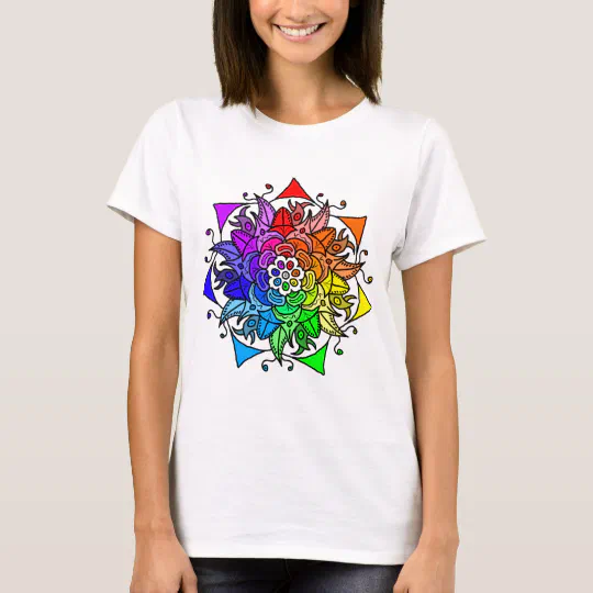 Rainbow Mandala Flower Women's Black T-shirt 